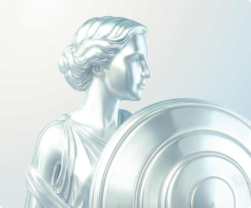 Silver classical statue with shield