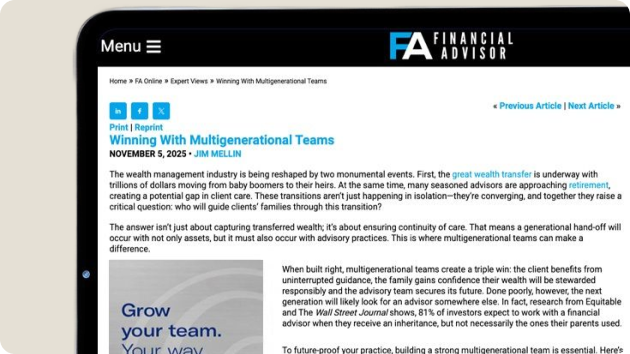 Financial Advisor Article on Multigenerational Teams Displayed